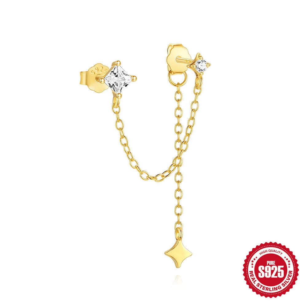 S925 sterling silver geometric earrings with zircon inlay in clover, crown, double piercings and chain horse eye designs