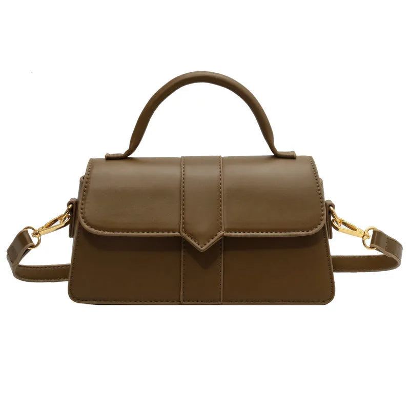 Women's beige PU messenger bag with file organiser, showing horizontal square shape and external pocket