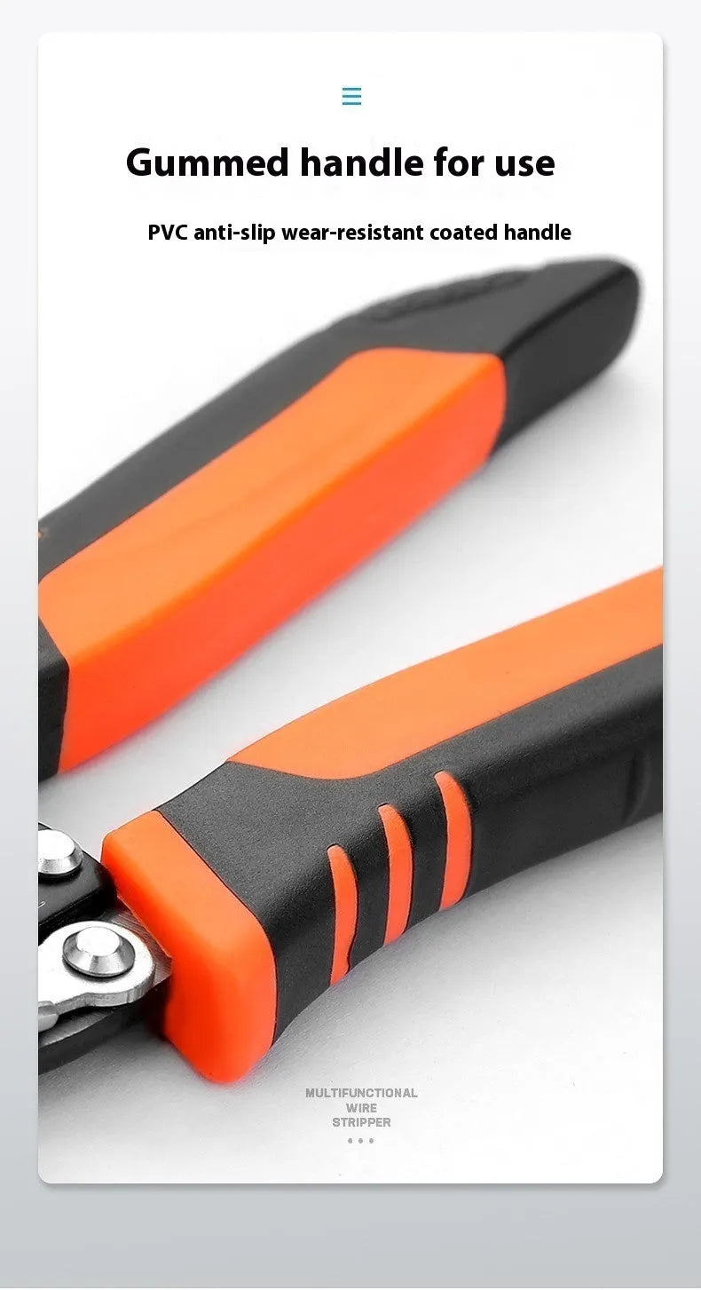 Fully automatic wire stripping pliers tool with high carbon steel blades.