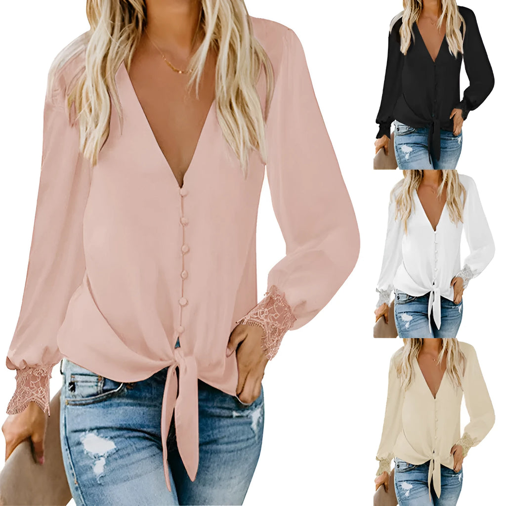 V-neck loose top with lace-up detail at hem in solid colour on hanger