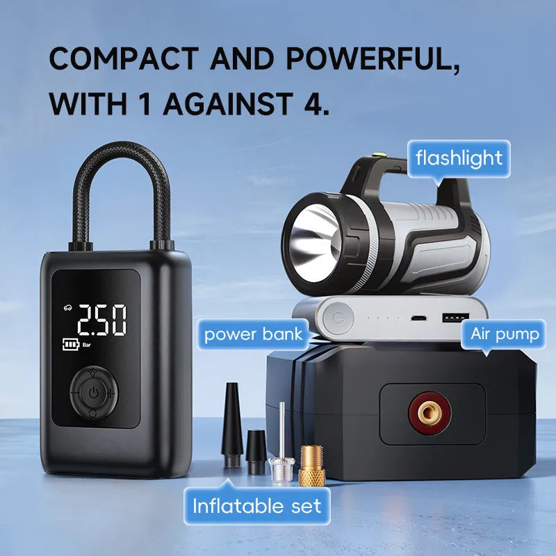 Car portable electric gas filling bag air pump with tyre pressure gauge and LED light on a dark background