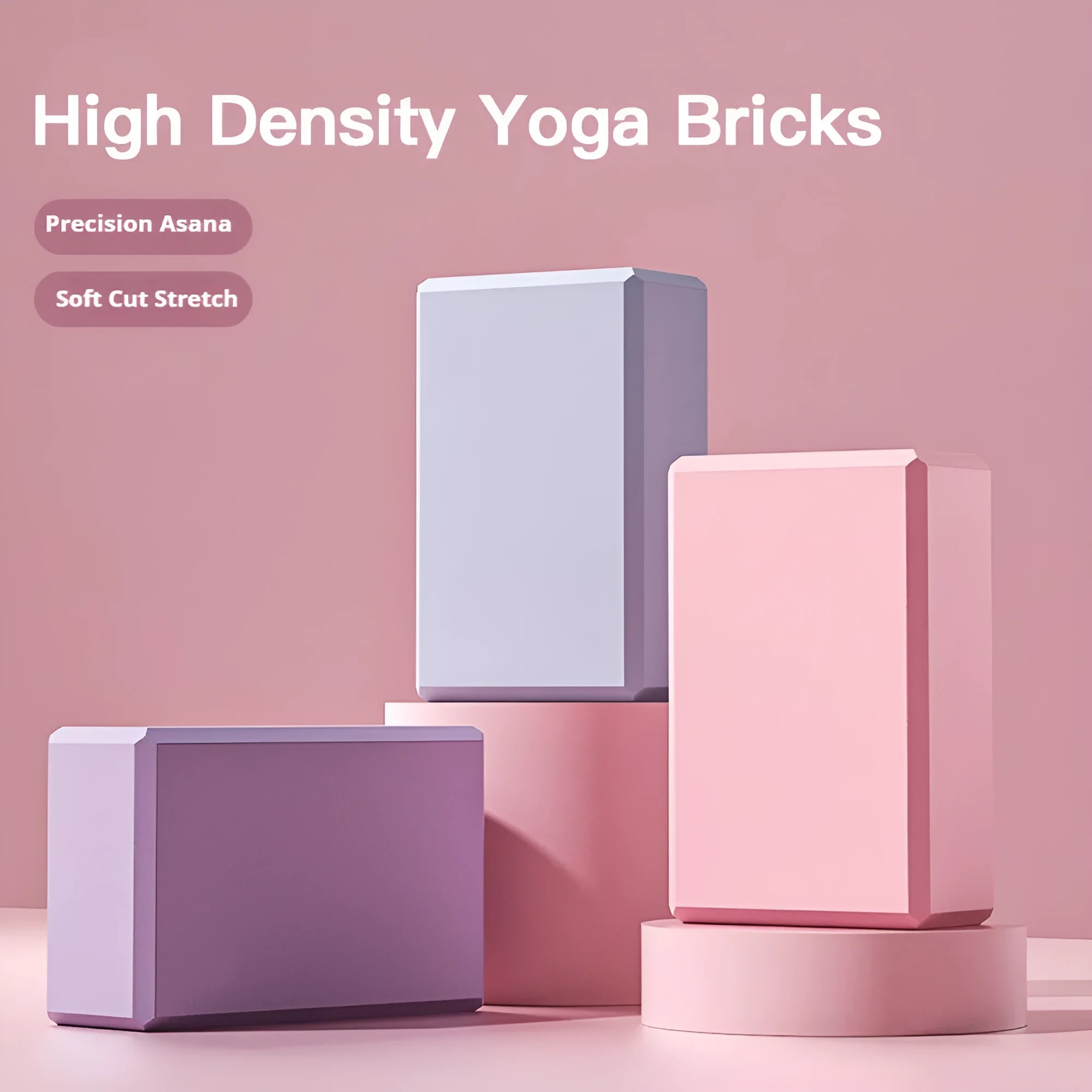 Solid colour EVA foam yoga block on a yoga mat, showing dimensions of 23x15x7.6 cm