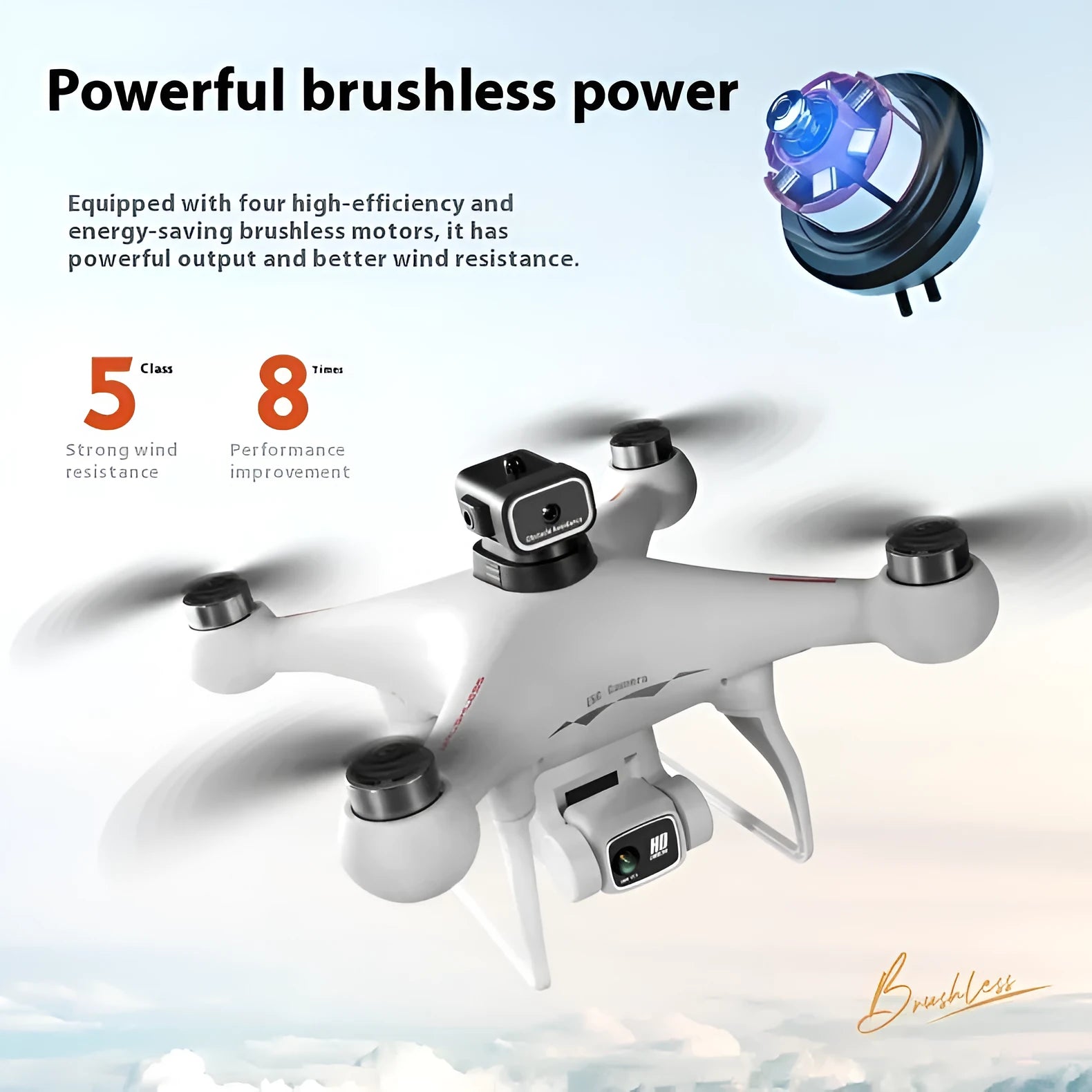 Black HD brushless UAV drone with four propellers and a camera, shown with its remote control.