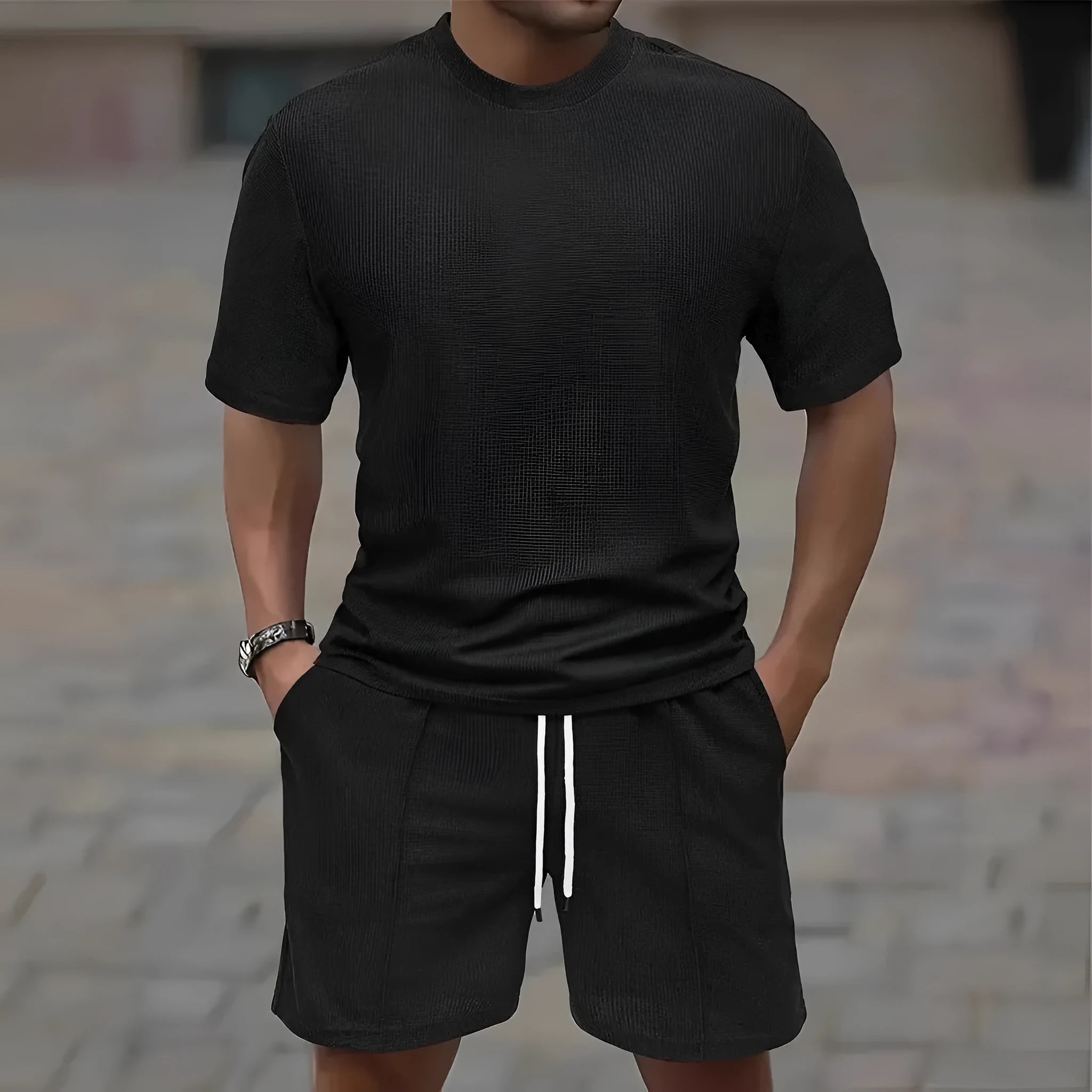 Man wearing a light apricot waffle texture short sleeve blouse and matching shorts for summer.