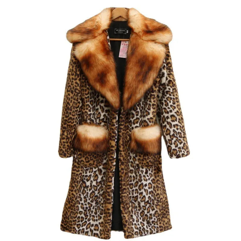 Long leopard print artificial fur jacket for women on a hanger, showing full length and regular sleeves.