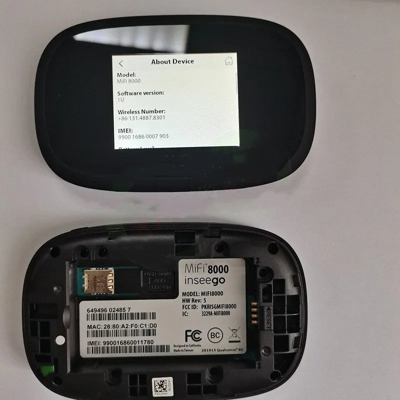 Black portable 4G wireless router with status lights, shown next to a SIM card and USB cable