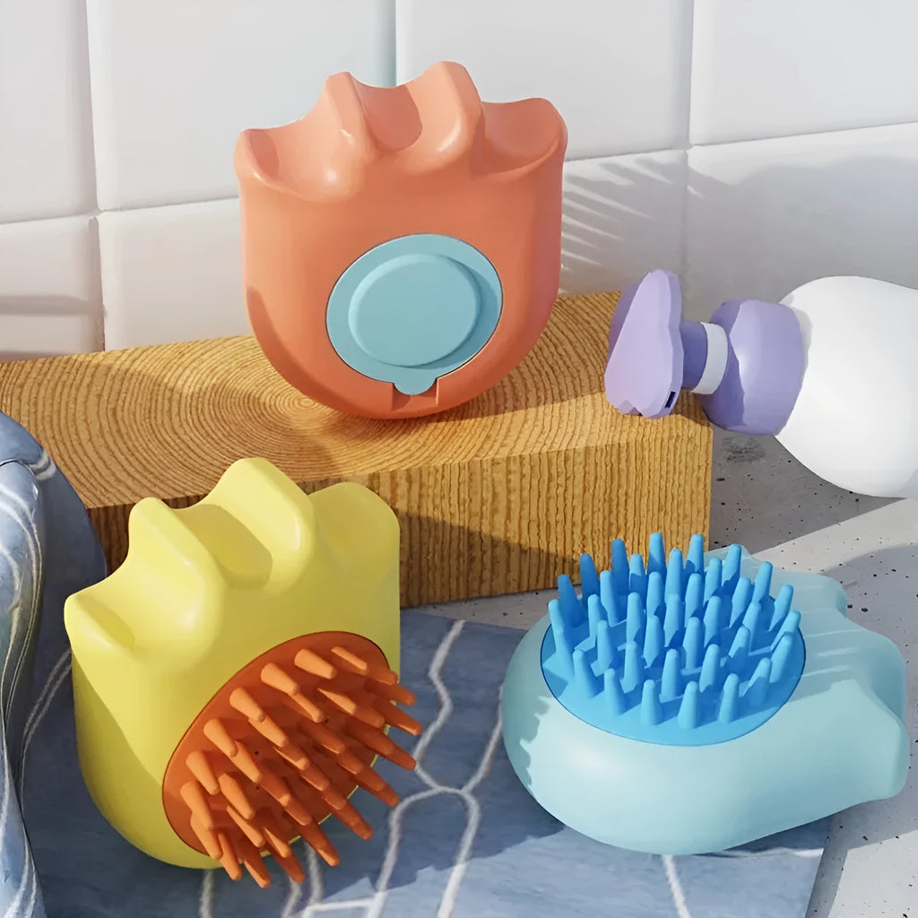 Pet bath brush with built-in shampoo box and massage comb teeth in blue, orange or yellow