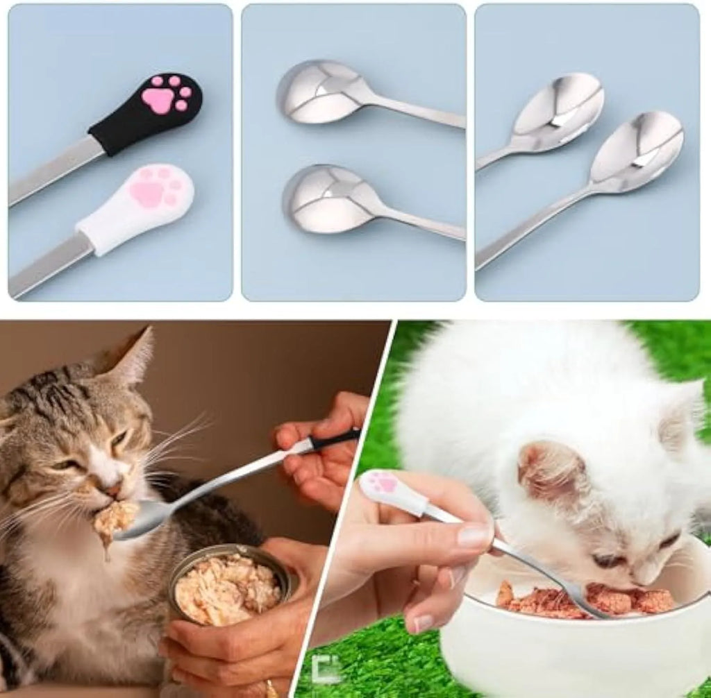 White and black pet food spoons with stainless steel heads and silicone handles showing cat paw design