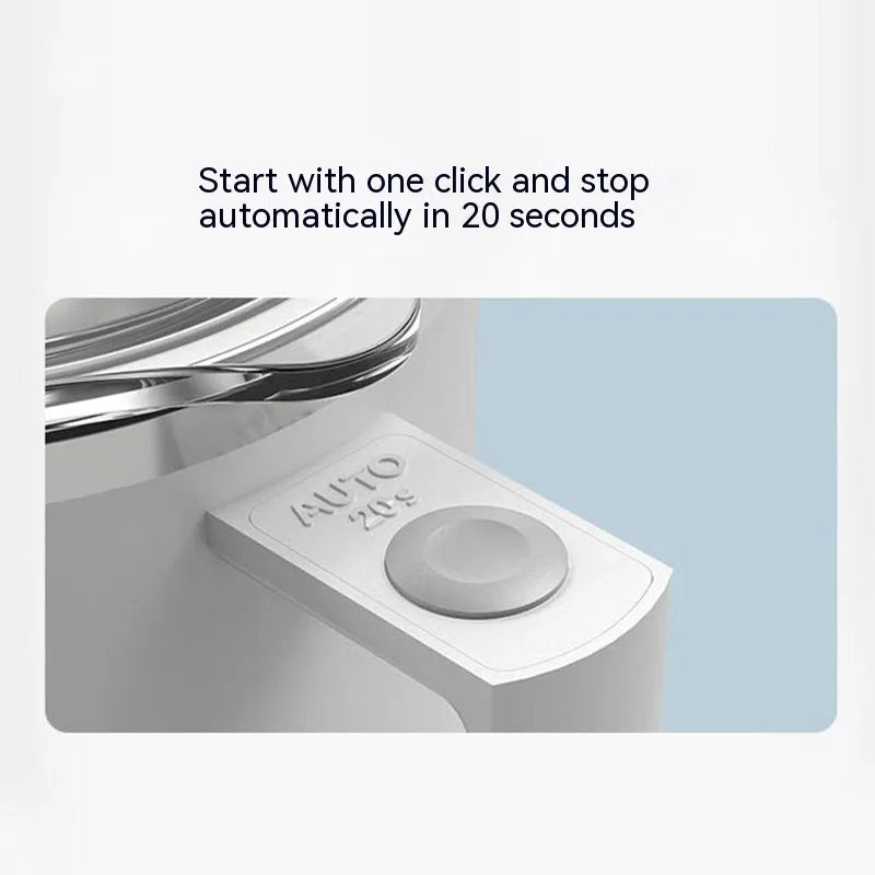 White automatic self-stirring coffee cup with magnetic base and power button.
