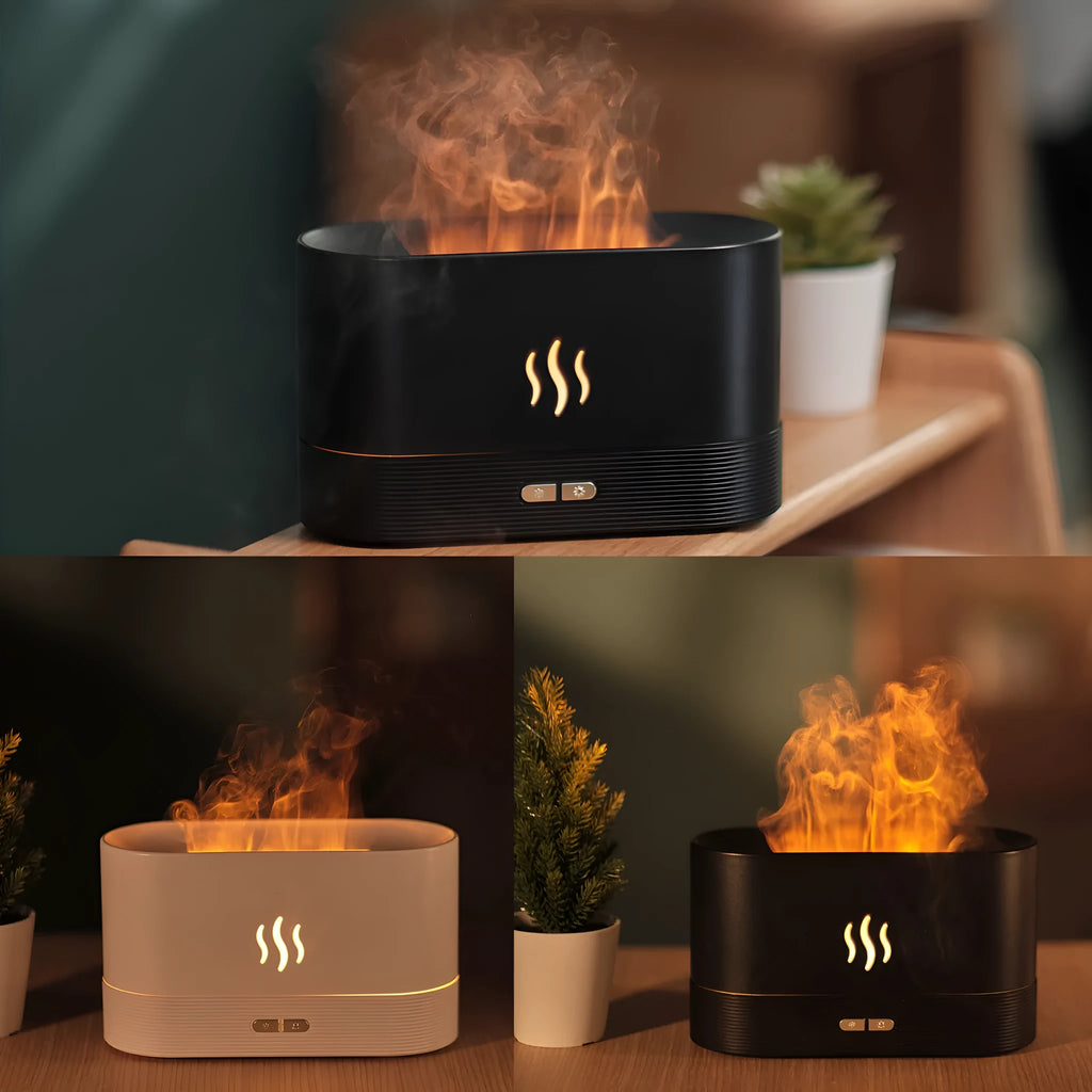 Square black or white aroma diffuser with flame LED light effect and water tank