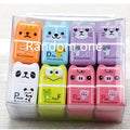 Pack of six cute cartoon animal erasers in mixed colours on a light background