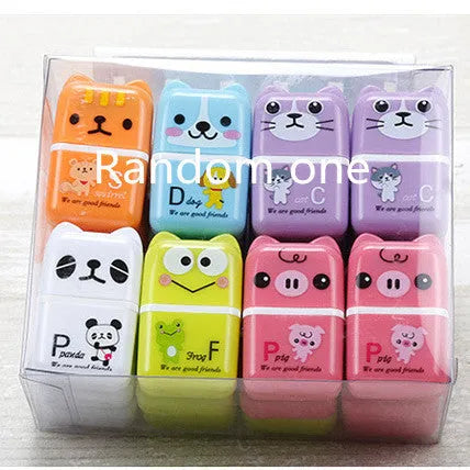 Pack of six cute cartoon animal erasers in mixed colours on a light background