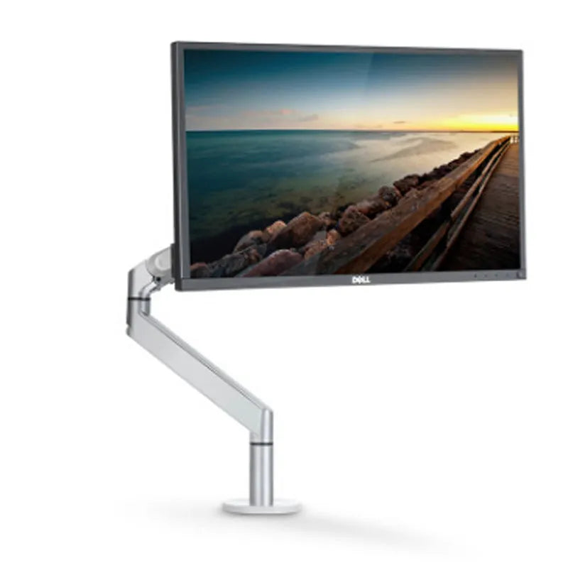 Silver aluminium free-standing laptop stand with extended telescopic arm holding a notebook.