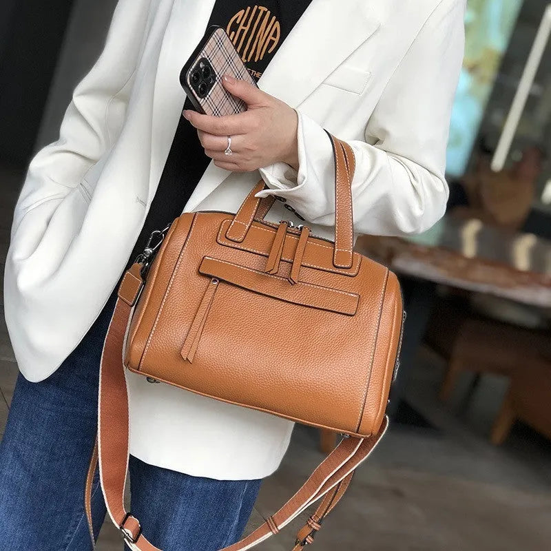 First layer cowhide leather messenger bag with lychee pattern texture and multiple internal compartments