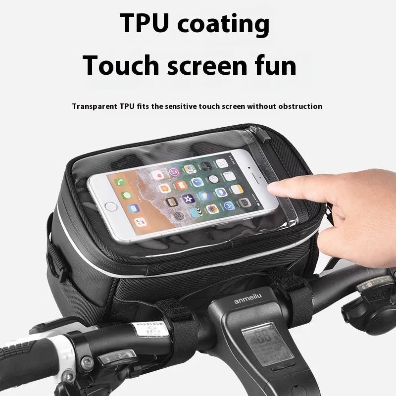 Black folding bicycle handlebar bag with hanging loop, shown attached to bike bars.