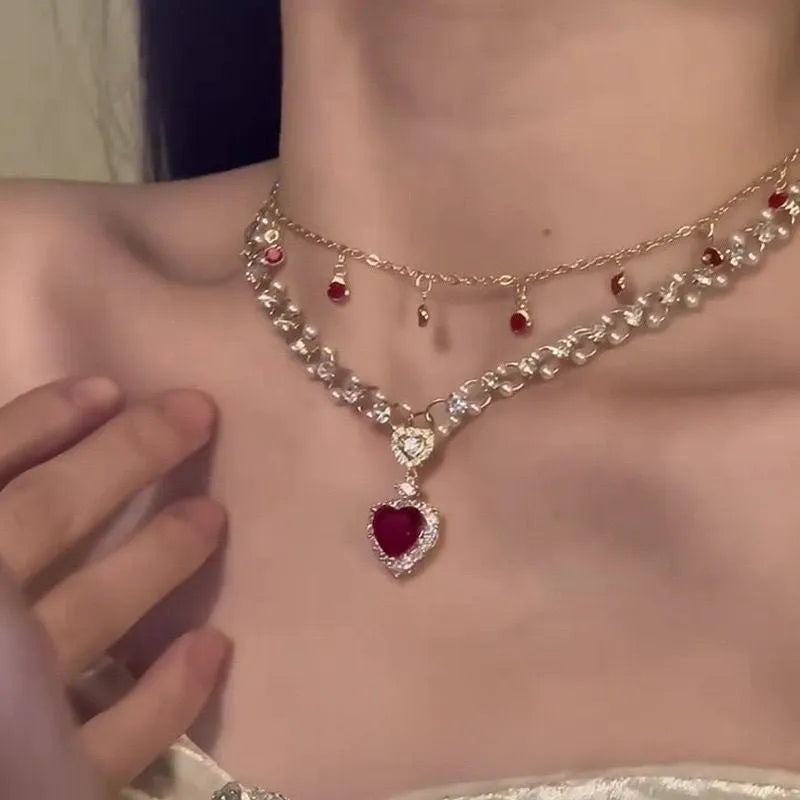 Red alloy double layer twin necklace with love heart pendant, adjustable 41-50cm length