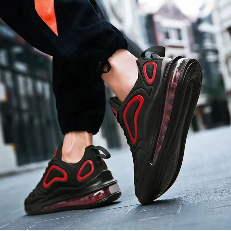 Men's black casual sneakers with lace-up front and air cushion design for running and outdoor activities