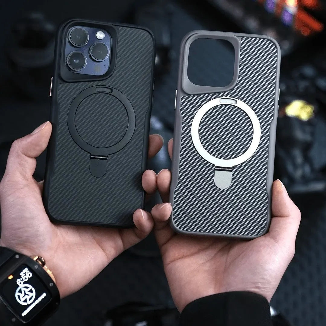 Carbon fiber magnetic bracket phone case for iPhone 16 Pro Max in black with frosted finish and built-in stand