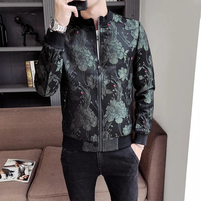 Men's Korean style pattern stand collar jacket in black, polyester fabric, long sleeves, straight hem, leisure wear