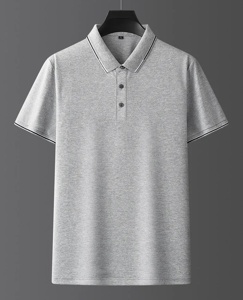 Men's pure colour mulberry silk short sleeve shirt in a light business style on a hanger.