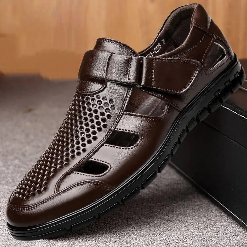 Men's black business casual sandals with hollow perforated design and Velcro fastening