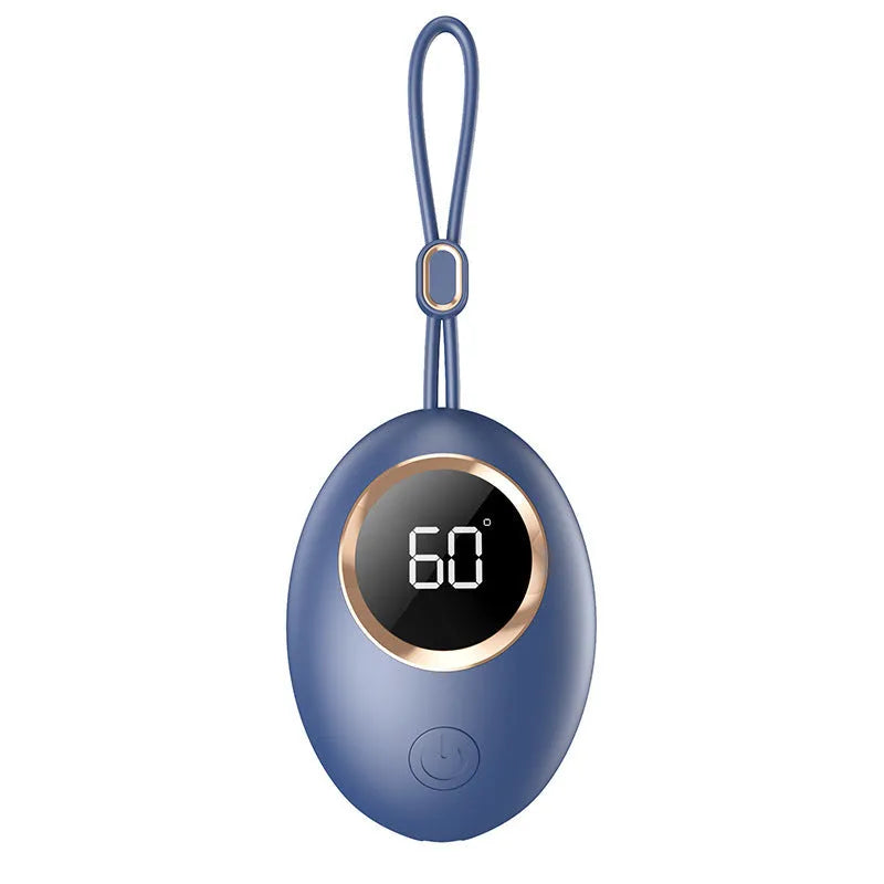 A digital display hand warmer power bank in a choice of colours, showing its USB port.