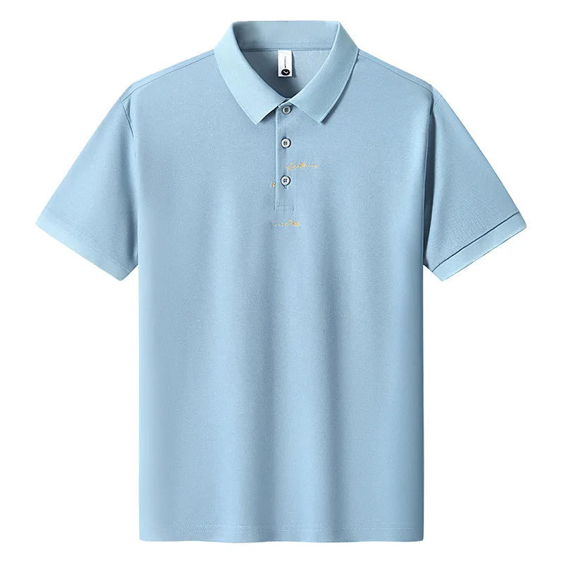 Men's loose grey cotton T-shirt with a letter print on the front, showing short sleeves and a round neck.