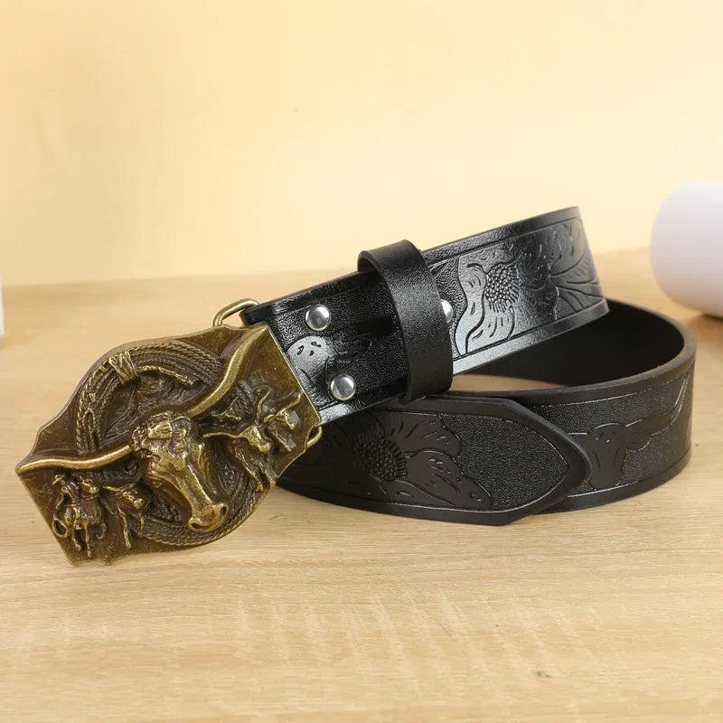Men's brown imitation leather belt with a detailed silver alloy cow head buckle and pin fastener.