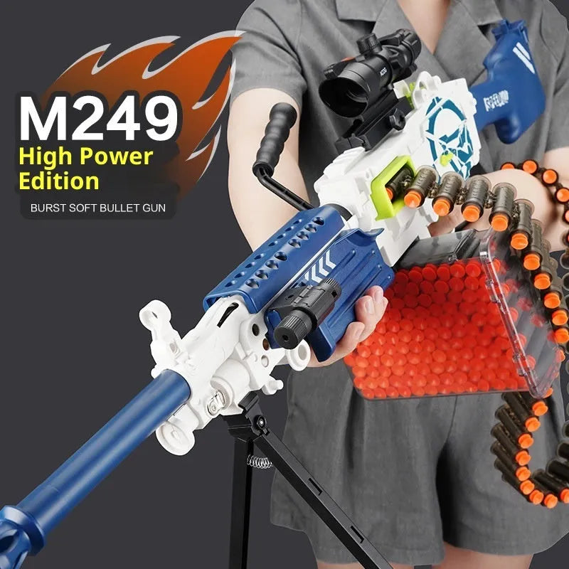 AMT M249 electric toy gun in blue white colour with soft elastic shells and round target