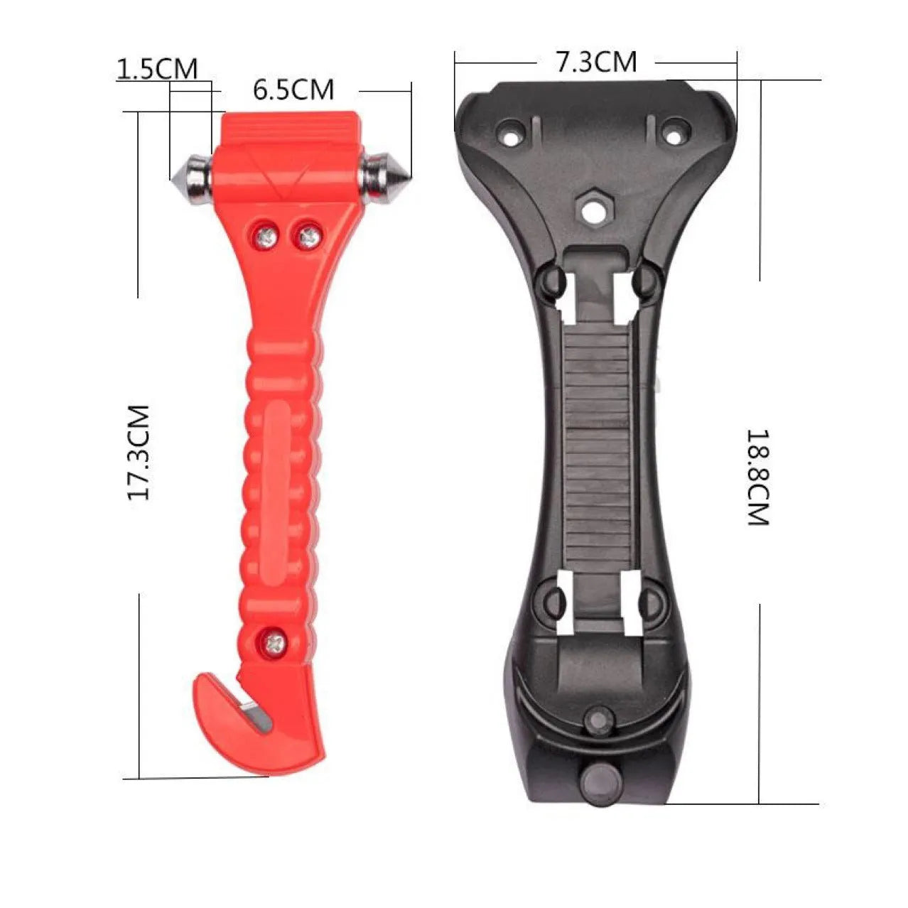 Red car emergency safety hammer with window breaker tip and seatbelt cutter.