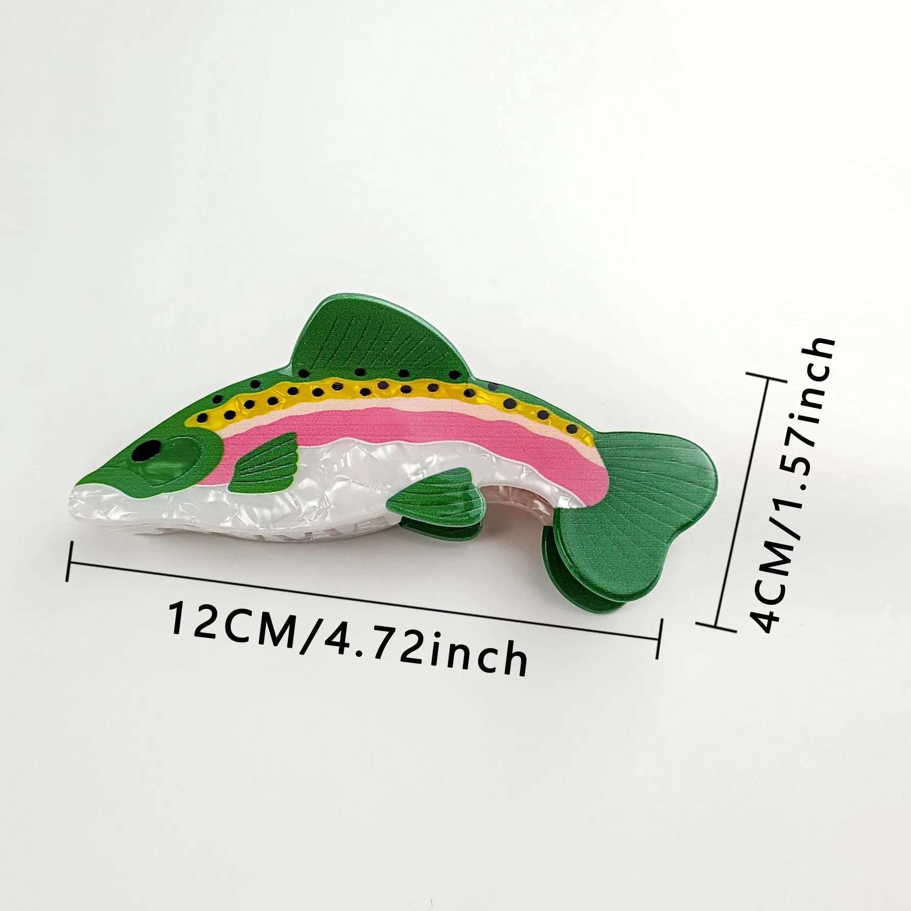 Dark green hair clip with detailed rainbow trout print on PVC material for marine enthusiasts