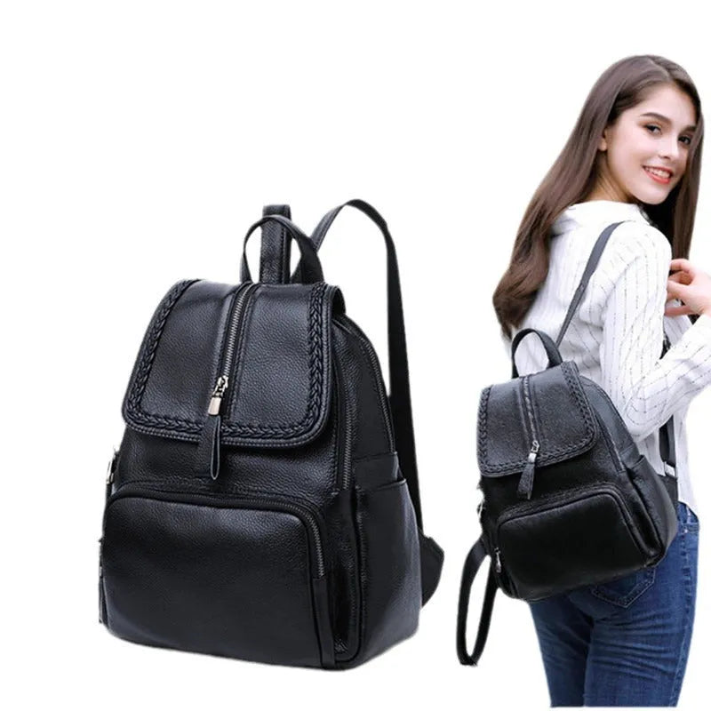 Women's genuine leather backpack in blue colour showing street trend style and internal organisation compartments