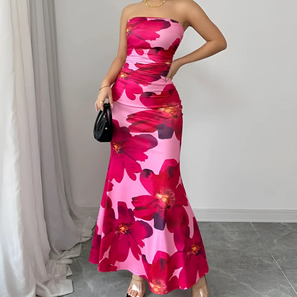 Slim fit long dress with pink flower print, sleeveless high waist hip skirt style for women