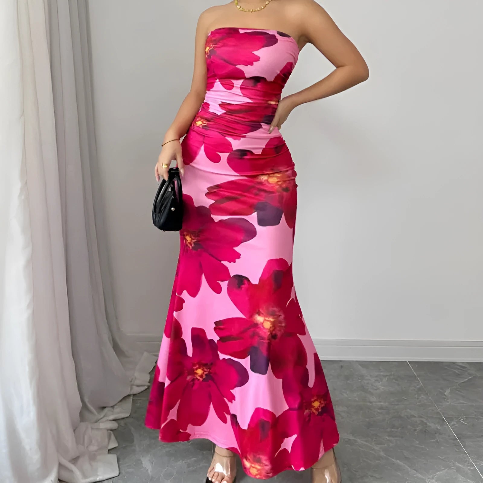 Slim fit long dress with pink flower print, sleeveless high waist hip skirt style for women