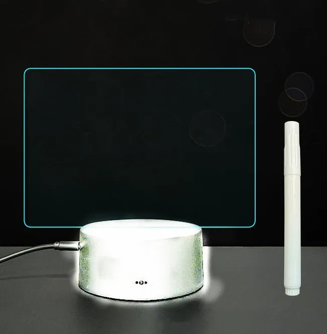 3D acrylic LED message board with touch control, black ABS base, USB cable, and stylus pen on desk