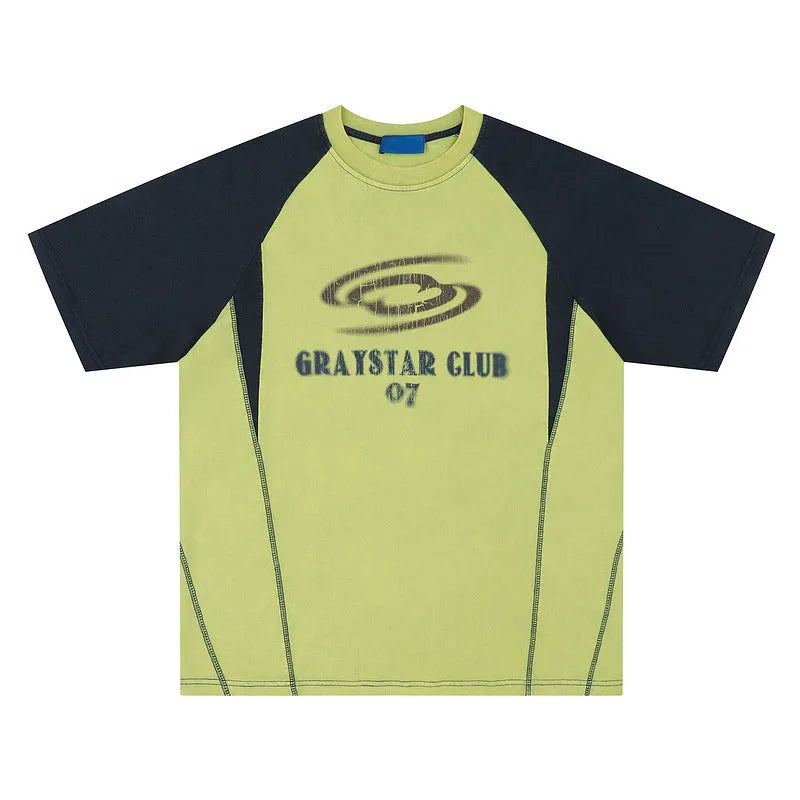 Man's blue hip hop letter print T-shirt with raglan sleeves in a loose fit
