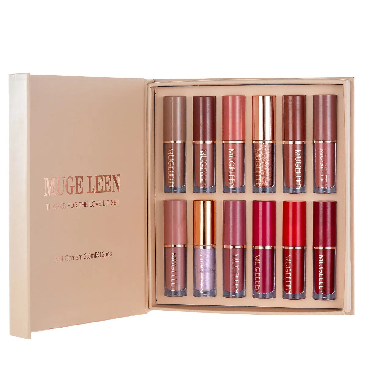 Matte shimmer lip glaze set with 12 colours featuring nonstick cup technology