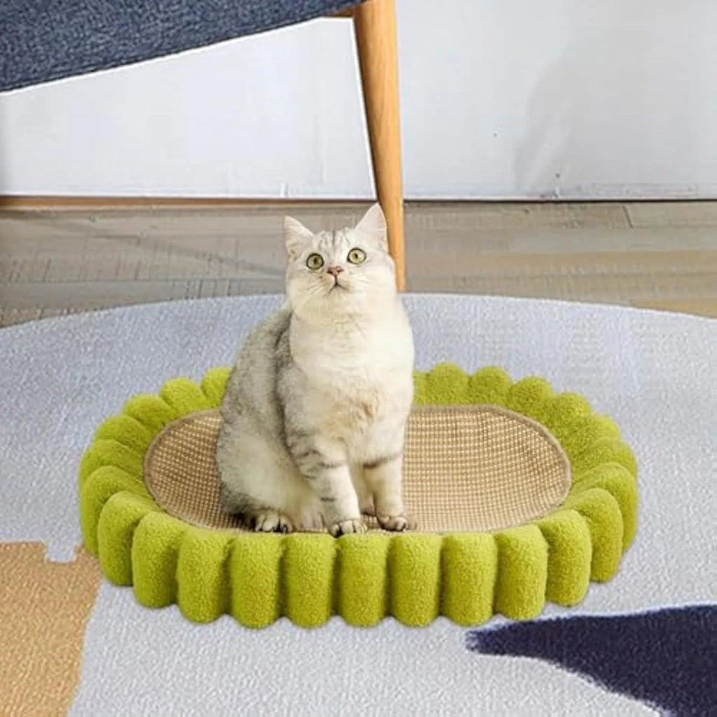Green oval cat scratch pad bowl with sisal surface measuring 65cm