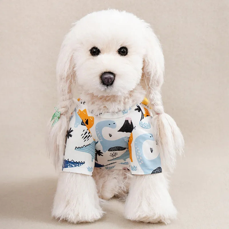 Small dog wearing a colourful printed polyester t-shirt for casual spring or autumn weather.