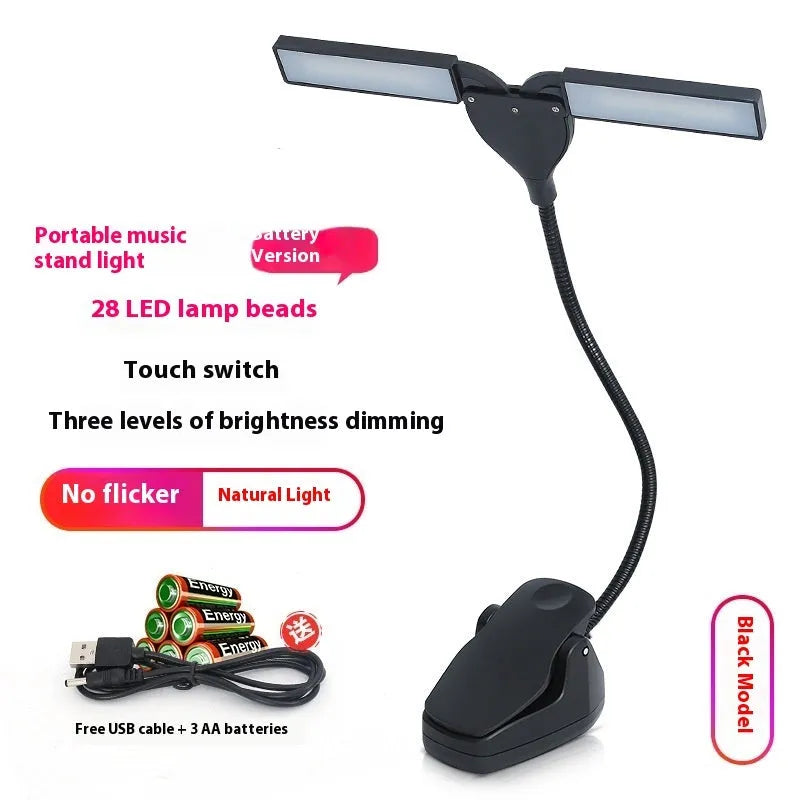 Rechargeable black music stand light with 28 LEDs placed on a music stand.