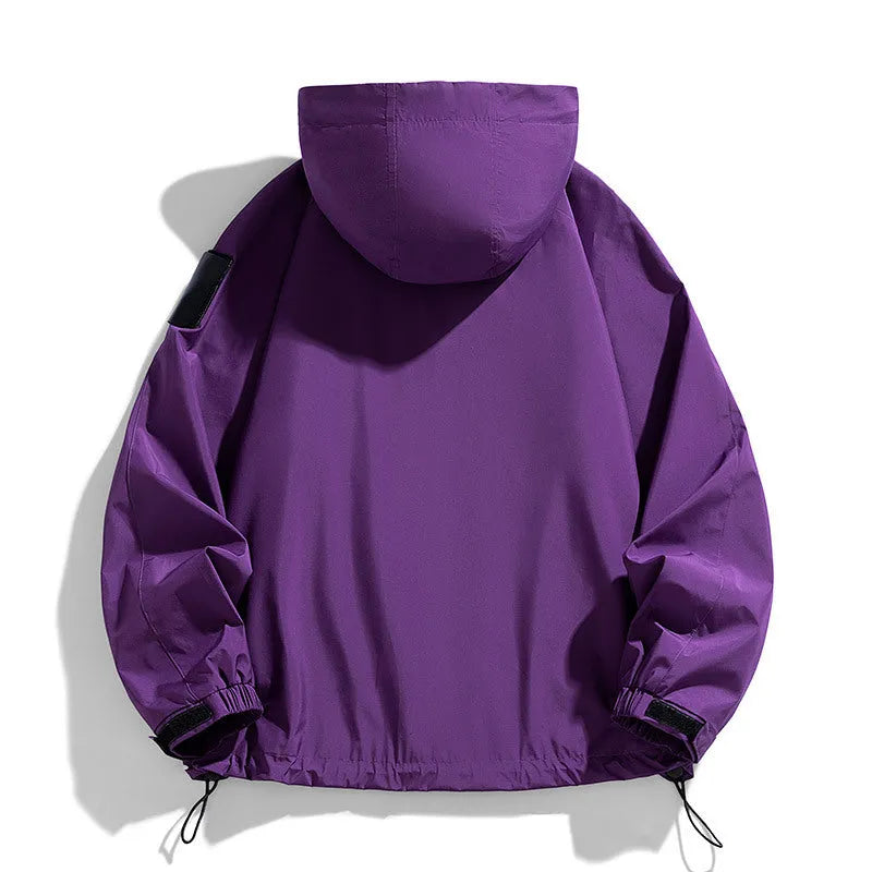 Men's black windproof waterproof hooded jacket on a hanger