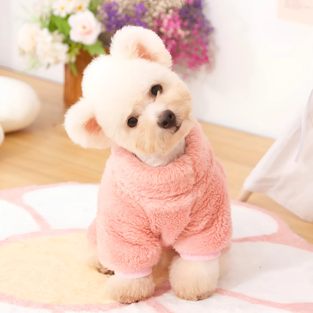 Four-legged dog coat in blue double-sided thick plush with high collar and towing ring