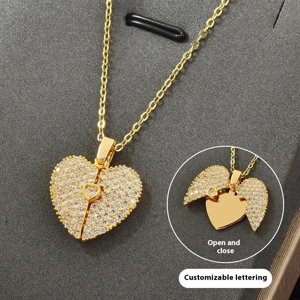 Personalised real gold tone heart locket necklace with zirconia pave and custom engraving on titanium steel chain.
