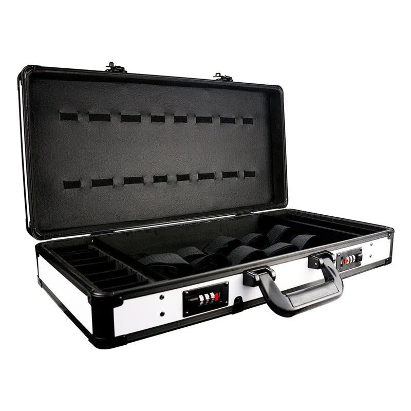 Black PVC hair tools storage suitcase with password lock and metal reinforced corners