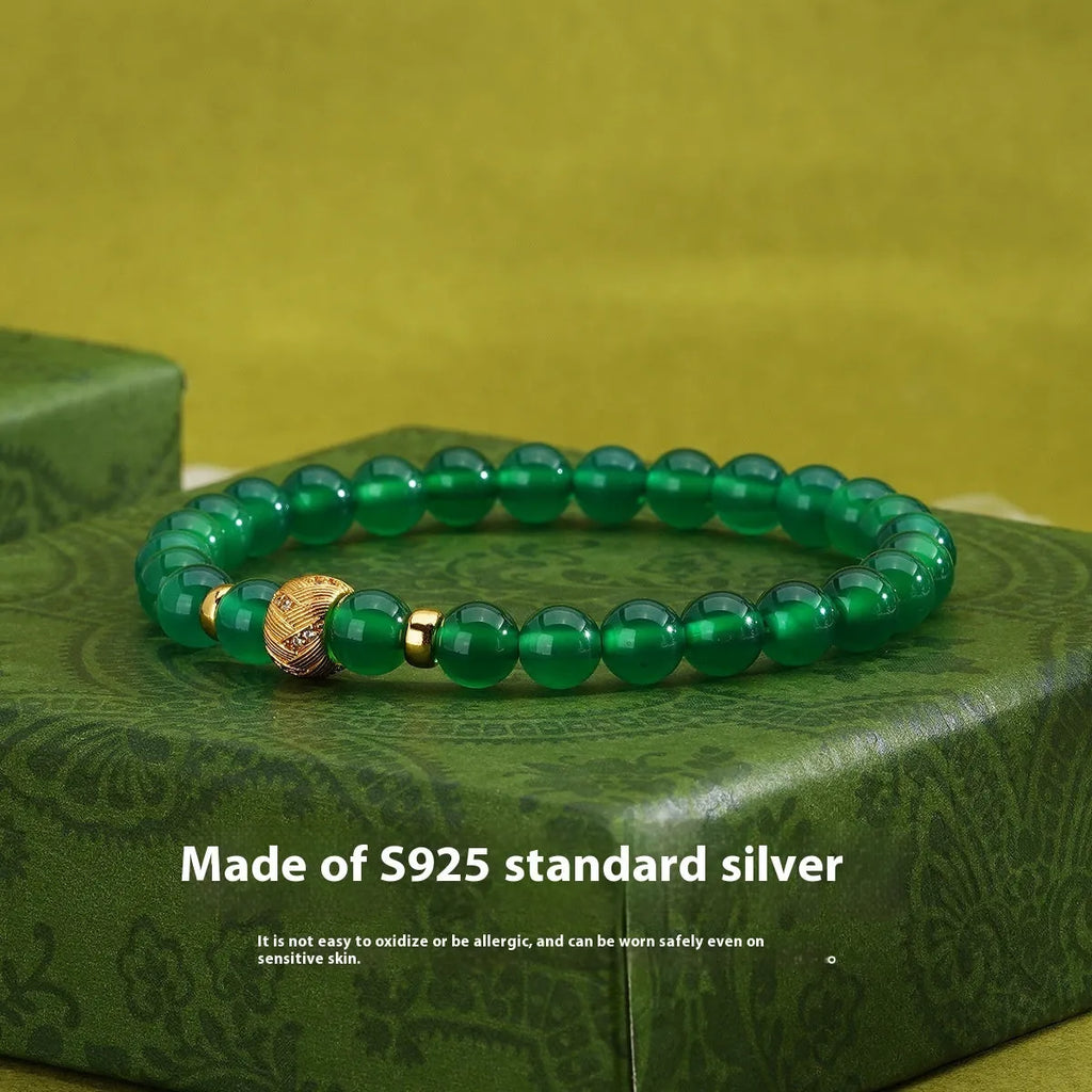 Green agate and sterling silver retro bracelet with geometric 6mm stones