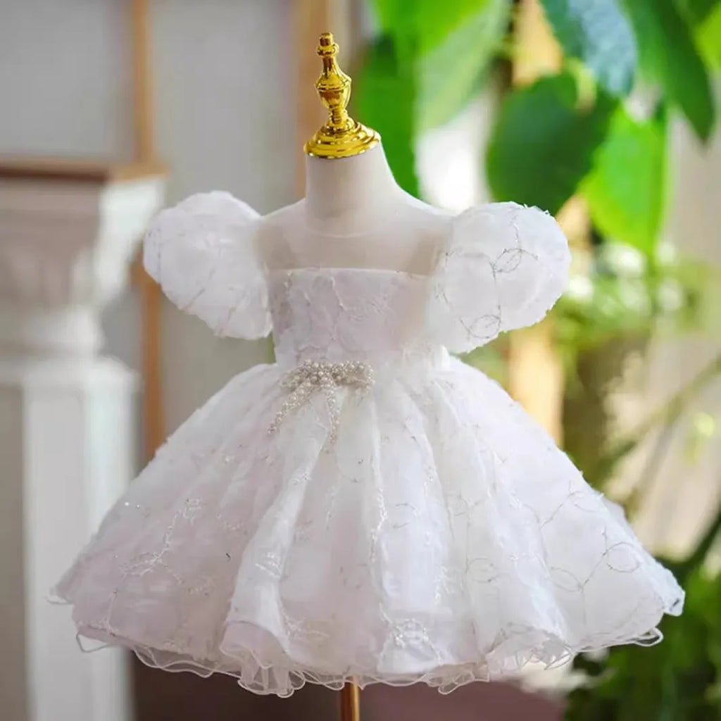 Girls' 100-day birthday party dress beige puff sleeve super fairy princess, white colour option available