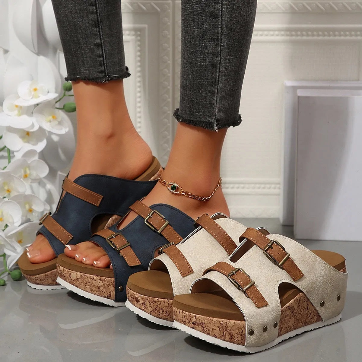 Ins buckle wedges sandals with fish mouth toe and thick high heel for women in blue colour