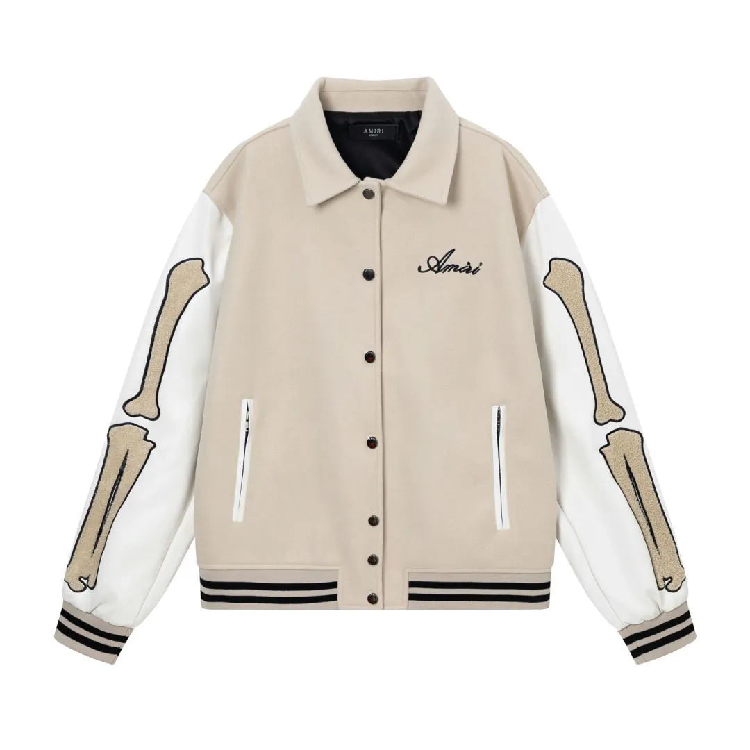 Women's apricot bomber jacket with bone embroidery on sleeves and ribbed cotton blend collar