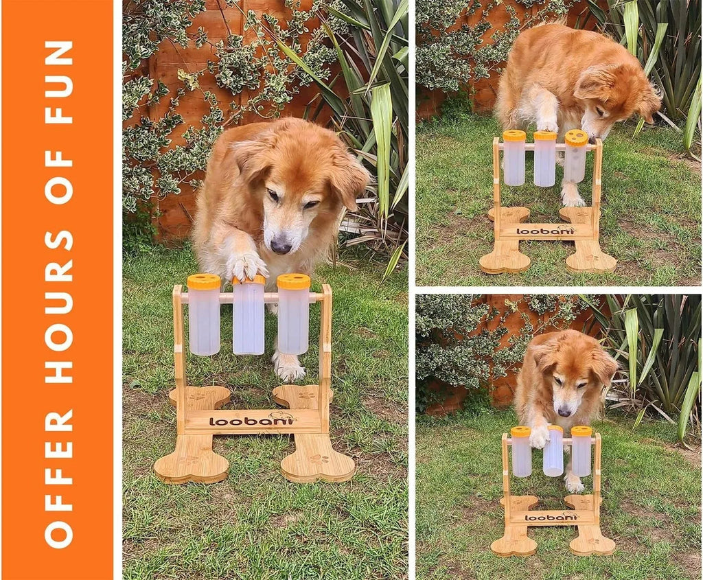 Wooden dog puzzle toy feeder with treat compartments measuring 31x30x20cm