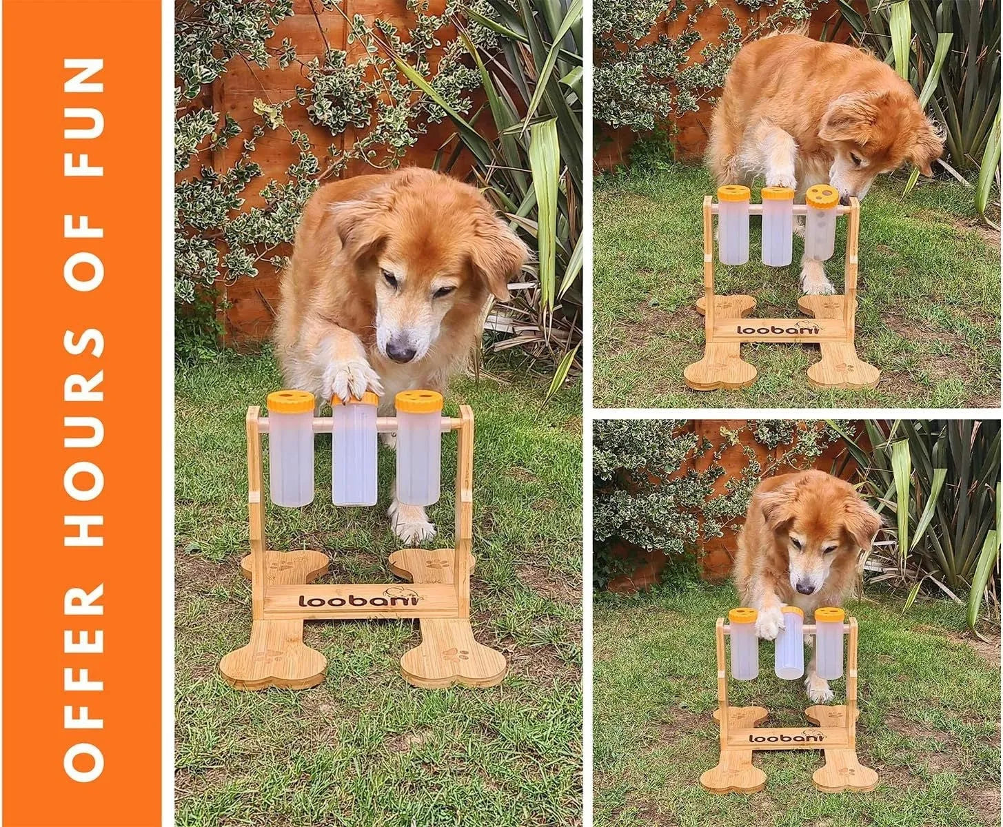 Wooden dog puzzle toy feeder with treat compartments measuring 31x30x20cm